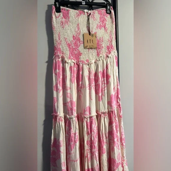 NWT Anthropologie Able The Label Smocked Strapless Tiered Tropical Maxi Dress - Picture 7 of 7